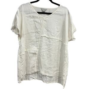 Multiples White Linen Blend Stitched V-Neck Blouse Large